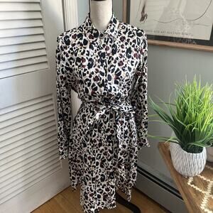 Foxcroft Shirt Dress Womens 12 Cheetah Print Belted Wrinkle Free Cotton Classic